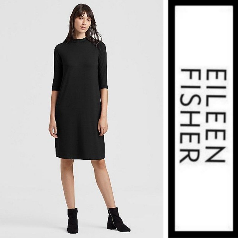 Eileen Fisher Viscose Jersey Mock Neck Dress in Black